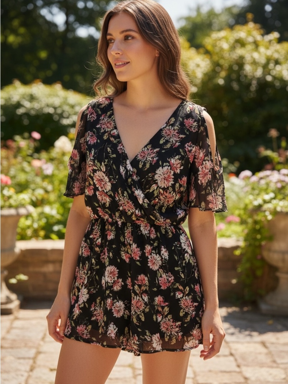 bailey blue Black Floral Wrap Tunic with Pink Cream Blooms